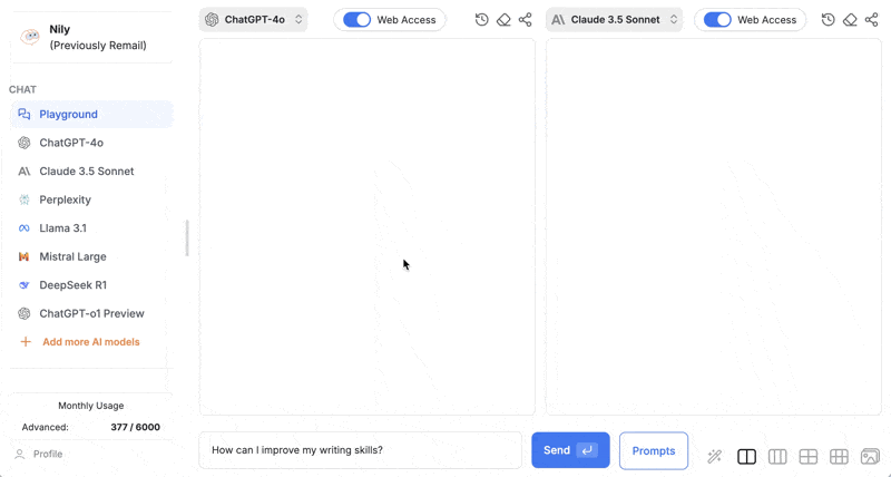  Add a simple prompt and get results from all major LLMs one place with Nily AI LLM Comparison